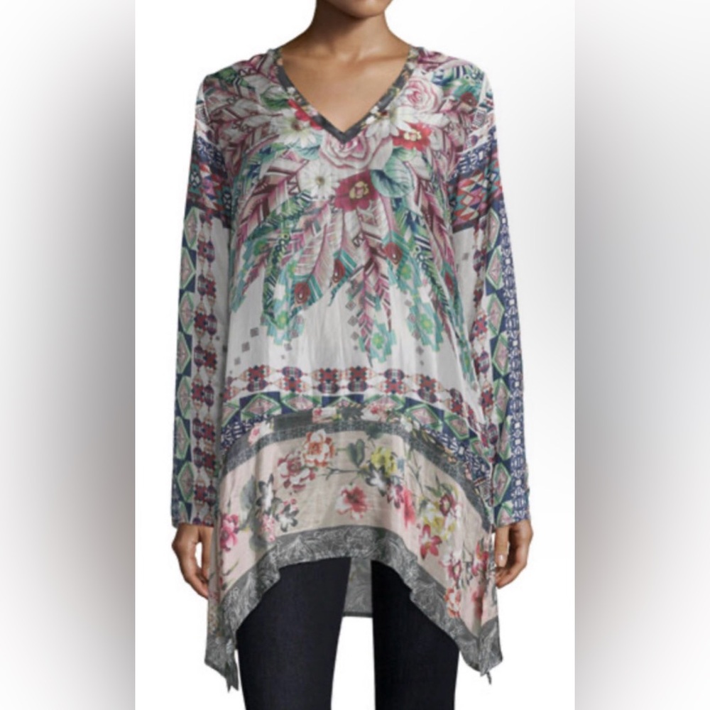 Johnny Was Tribeca Georgette Floral V Neck Floral Aztec Tunic Cotton Women XS - Picture 1 of 11